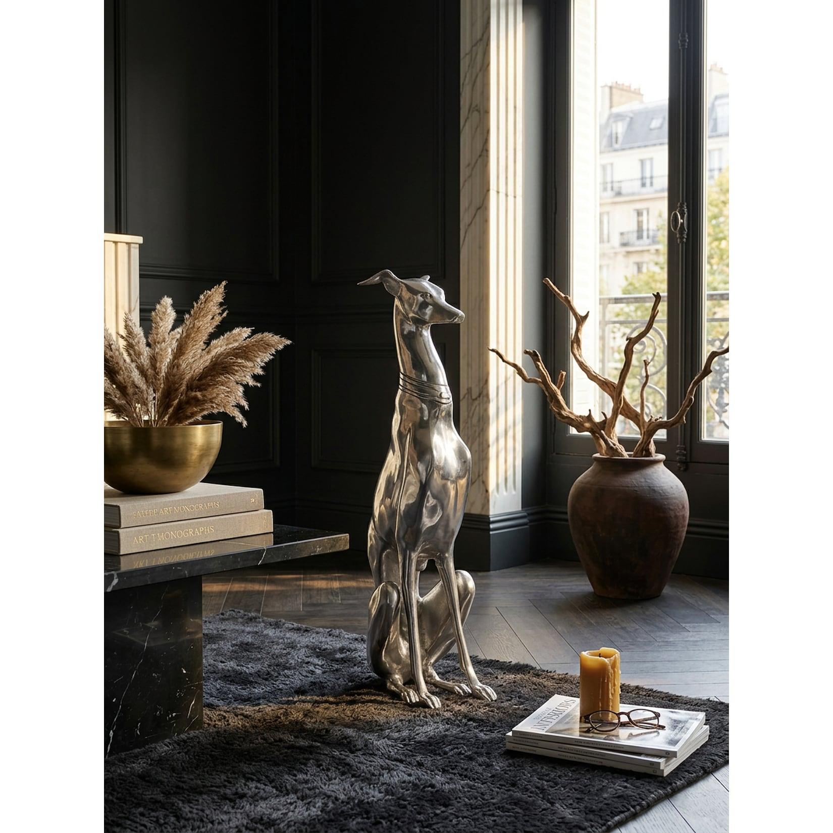 Dekofigur Windhund Aluminium Silber 70 cm im Design-Stil
