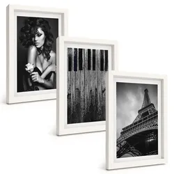 BILDER SET 3er Set - 20x30 cm Weißer Rahmen - Porträt einer Frau mit einer Eiffel-Rose
