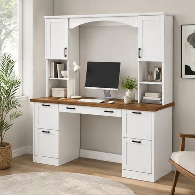 Fundinbaths Farmhouse Computer Desk with Hutch, Charging Station, File Drawer and Keyboard Tray