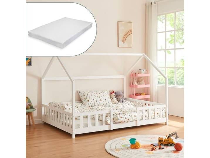 [en.casa] Kinderbett Sisimiut mit Matratze 140 x 200 cm Montessori Hausbett mit Rausfallschutz Holzbett für Kinder Bodenbett Lattenrost Kiefernholz Weiß