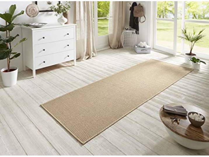 BT Carpet Nature Läufer In- und Outdoor – Schlingen Küchenläufer rutschfest Flachgewebe Kurzflor Woll-Optik Fineloop Küchenteppich für Flur, Küche, Garten, Terrasse, Badezimmer – Beige, 80x150cm