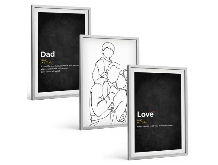 BILDER SET 3er Set - 40x60 cm Silberner Rahmen - Familiengeschichte, Kunst, Liebe, Vaterschaft