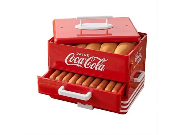 Salco Coca-Cola Retro Hot Dog Maker Dampfgarer & Brötchenwärmer im American Diner Stil Kapazität für 24 Würstchen & 12 Buns Ideal für Partys, Kindergeburtstage & Home-Cinema (Rot)
