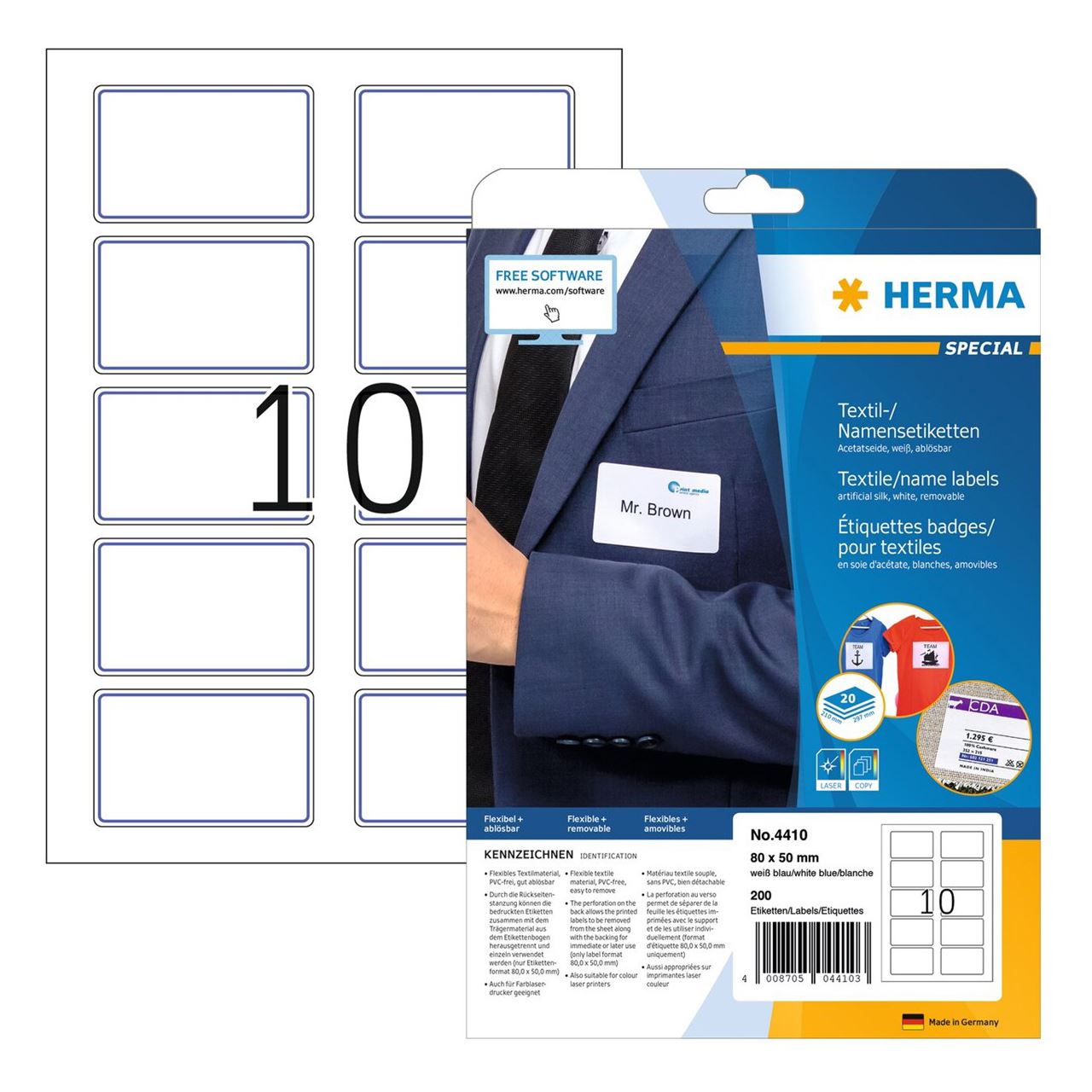Herma Namensetiketten 80 x 50 mm, Acetat-Seide, blauer Rand