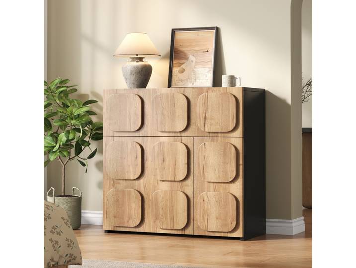 Commode vintage avec structure en bois et côtés noirs, rétro rencontre l'esthétique moderne, grand rangement avec 5 compartiments