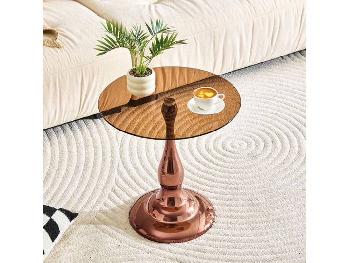 ROVRYN Table basse ronde en verre trempé 50 cm base métallique stable marron moderne