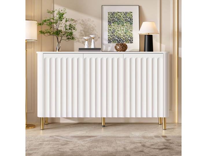 Buffet blanc MDF 3 portes pieds métalliques reliefs cylindriques bords ondulés angles arrondis sans poignées salon