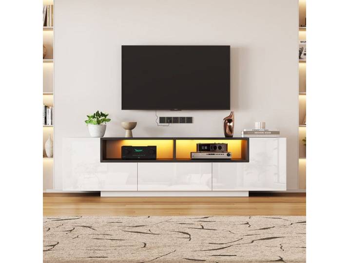 Meuble TV Lowboard 180x40x48cm forme L LED intégrée avec tiroirs blanc brillant & noir pour TV 75  - pour Salon