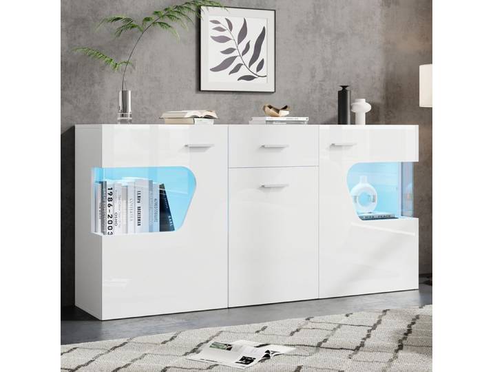 VUENOR Buffet bas blanc brillant 140 x 33 x 70 cm – 3 portes 1 tiroir vitrines LED