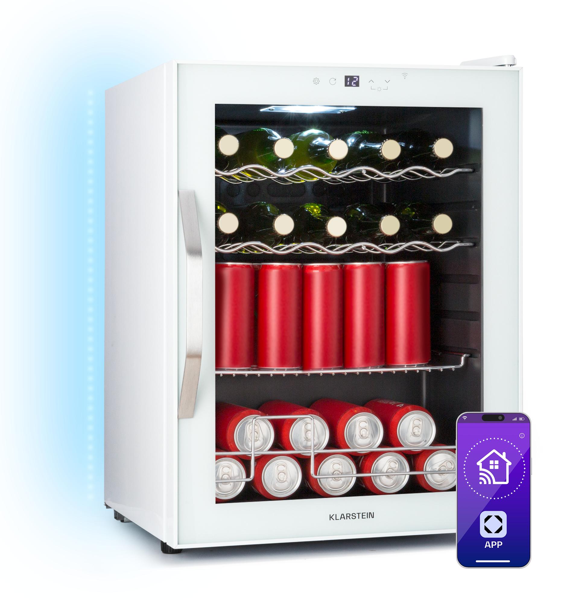 Klarstein Coachella 60 Getränkekühlschrank - 60 L Getränkekühler mit WLAN, Glastür, LED-Innenbeleuchtung, 3-18 °C, 7 Lichtfarben, 3 Metallablagen, E, Weiß