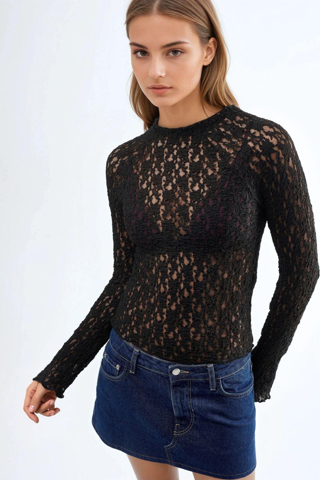 Spitzen Slim Fit Rundhalsbluse