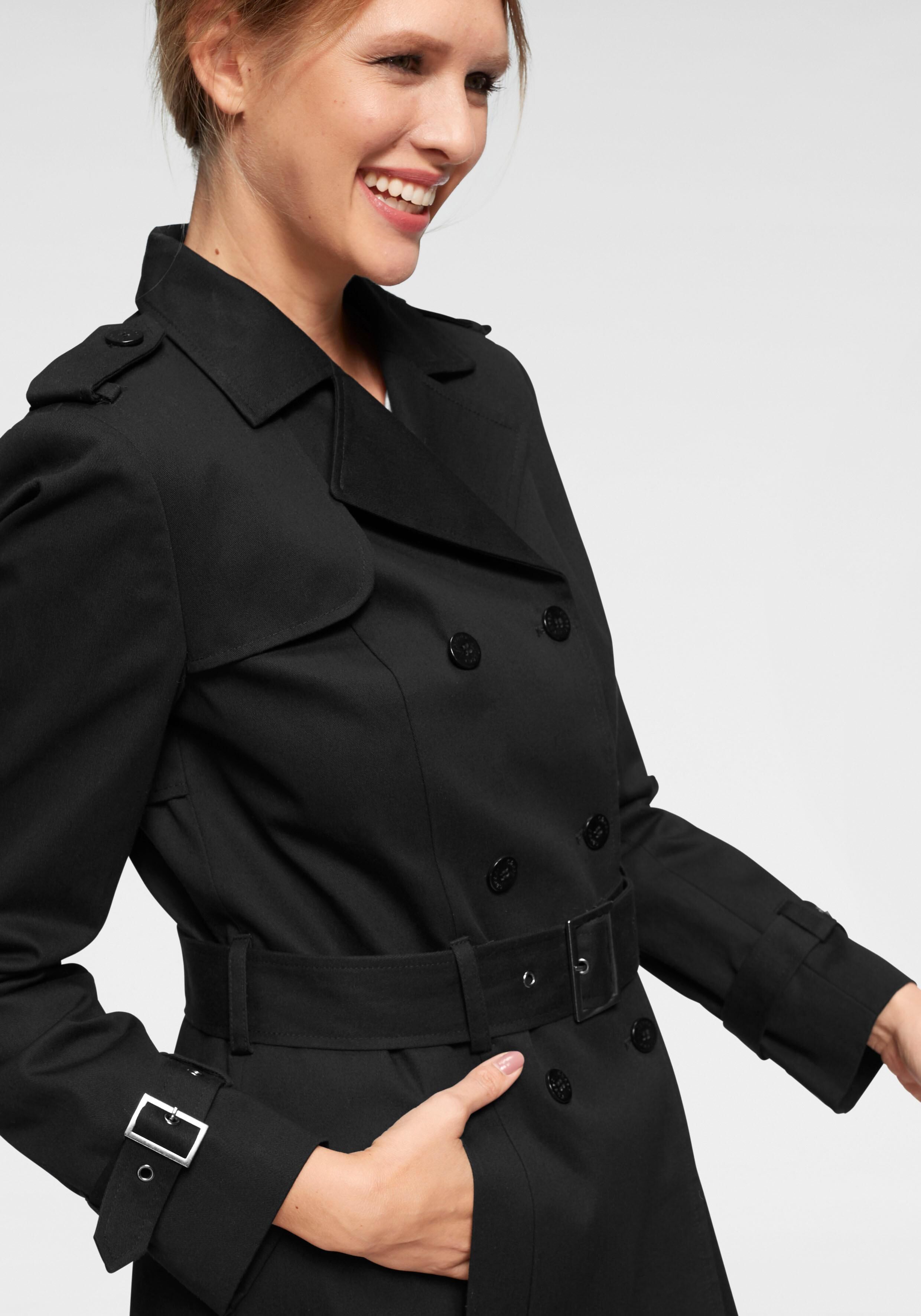 Trenchcoat ANISTON CASUAL, Damen, Gr. 36, schwarz, Web, Obermaterial: 100% Baumwolle. Futter: 100% Polyester, unifarben, figurumspielend ca. Mitte Oberschenkel, verstellbar, Mäntel Trenchcoat, mit Gürtel zum Regulieren, Topseller