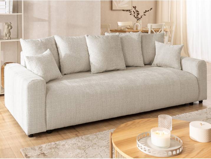 Calma - Komfortables 4-Sitzer Schlafsofa im Bumpy-Design mit Bettkasten aus weichem Beige Chenille-Stoff