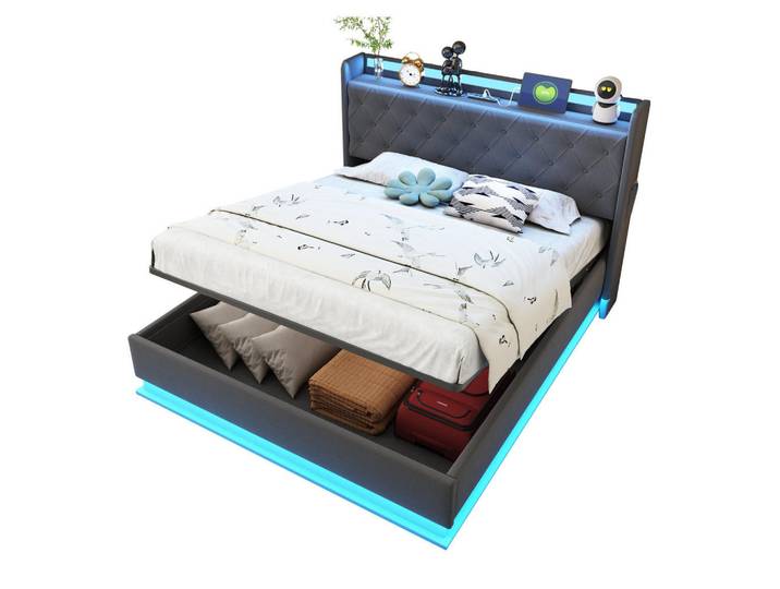 Okwish Polsterbett 140/200 cm grau mit LED-Beleuchtung und USB-Ladeanschluss, Grau, 140x200 cm, Schlafzimmer, Betten, Polsterbetten