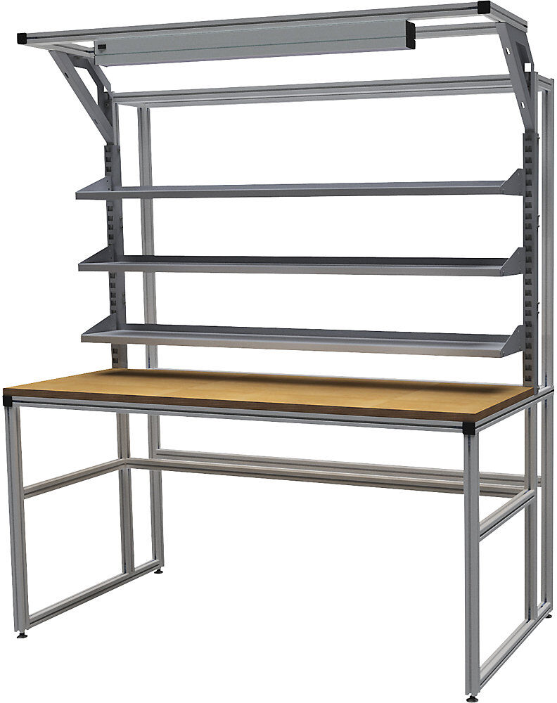 workalu® Arbeitstisch mit Systemaufbau, einseitig, 3 Fachböden und Arbeitsplatzleuchte, Plattenbreite 1750 mm bedrunka hirth
