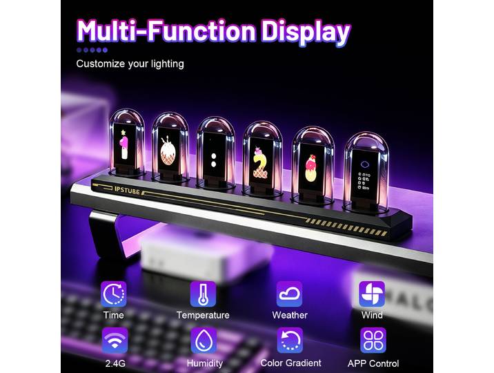 Horloge à tubes Nixie RGB avec écran couleur IPS, tube néon à couleurs complètes 3 modes, affichage de l'heure, des photos et de la météo pour cadeau de bureau