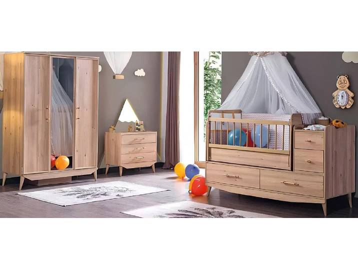 JVmoebel Babyzimmer-Komplettset Babyzimmermöbelset in Braun mit Bett, Schrank und Kommode, (3-tlg., Bett, Schrank, Kommode), Made in Europa