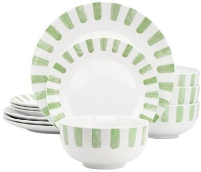 Gibson Set of 12, Round Ceramic Dinnerware Green