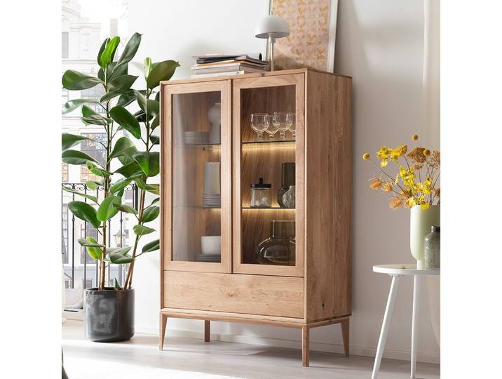 Lomadox Vitrine CUNEO-137 Eiche massiv Massivholz geölt Vitrinentüren 89,8x139,5x41,5 cm
