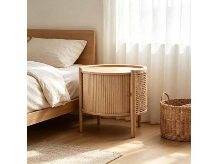 KAFHGEIN Runder Beistelltisch aus Massivholz mit Geschwungenem Schrank Moderner runder Beistelltisch aus Massivholz mit geschwungenem Schrank und Schiebedesign für Wohnzimmer, Schlafzimmer