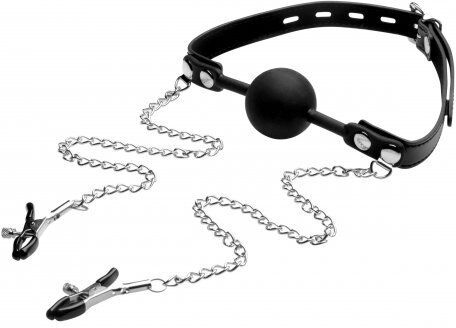 XR Brands Silicone Ball Gag with Nipple Clamps