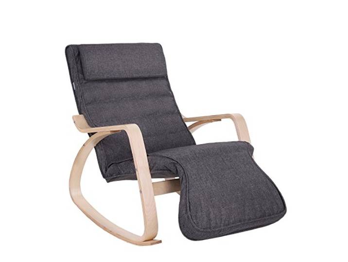 SONGMICS Schaukelstuhl, Relaxstuhl, 5-fach verstellbare Fußstütze Gestell aus Birkenholz, bis 150 kg belastbar, abnehmbarer Bezug des Kopfkissens, 67 x 125 x 91 cm, Teou Kollektion LYY42GYZ