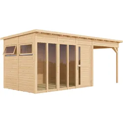 Bertilo Element-Gartenhaus Pentus 3 Office inkl. Lounge-Anbau - 19 mm naturbelassen 558 x 234 cm