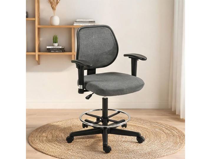 Fauteuil de bureau haut réglable en polyester gris accoudoirs et repose-pieds style ergonomique