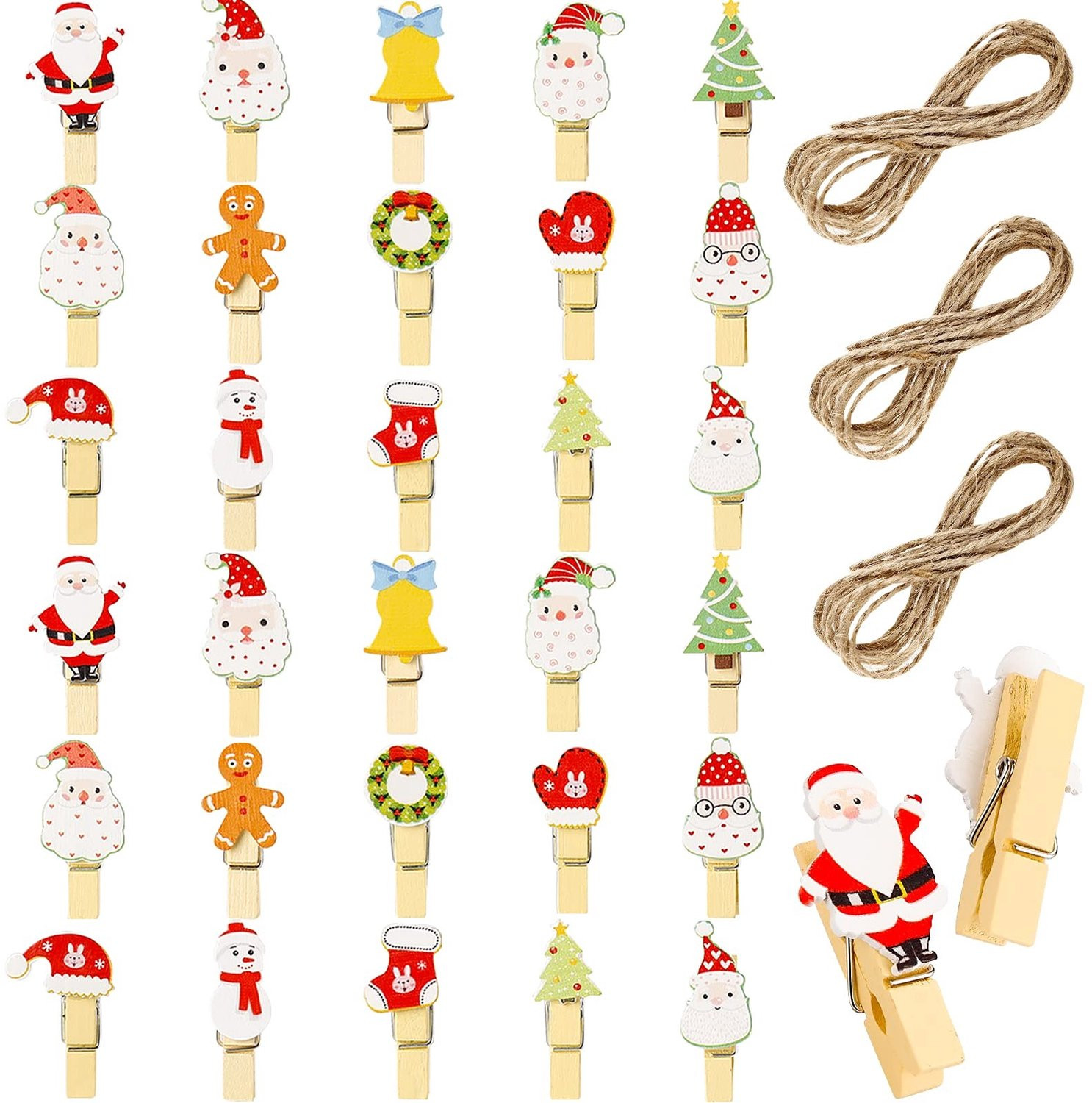 30 Stuks Mini Kerstharingen met Jute Touw - Houten Clips voor Decoratie