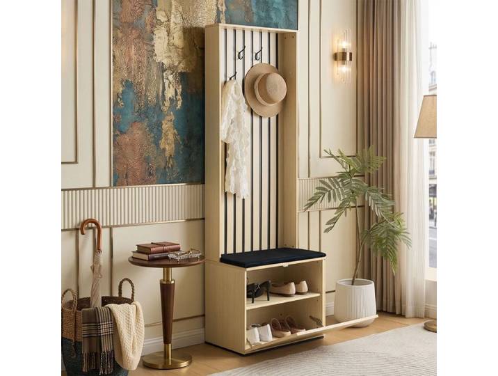 Meuble d'Entrée Portemanteau 61x35x180cm Gain de Place avec Banquette Vestiaire 4 Patères & Meuble Chaussures - Chêne