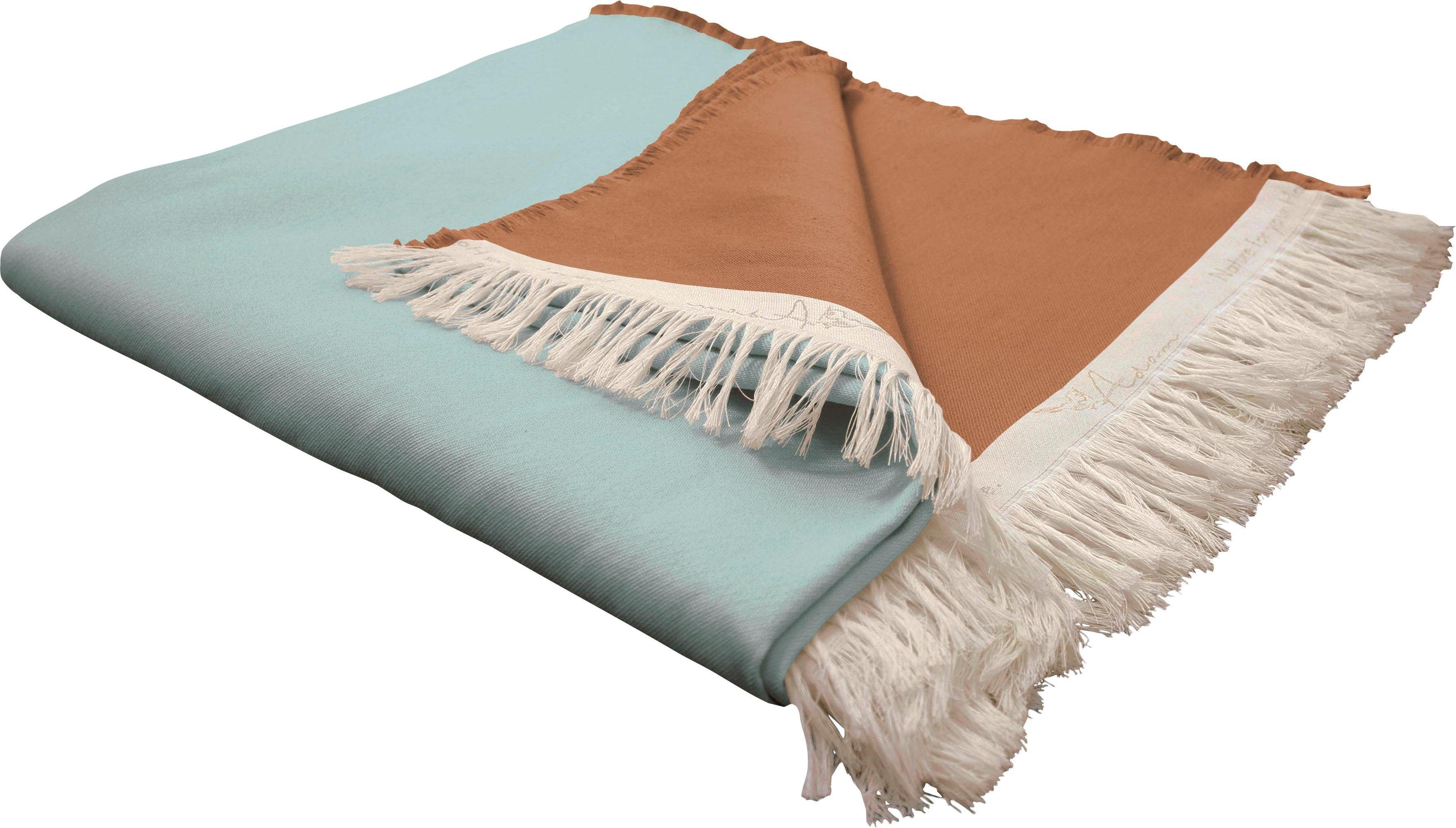 Wohndecke ADAM "Scandi Pinot", blau (hellblau, braun), B:145cm L:190cm, Baumwolle, Wohndecken, Wohndecke, im schlichten Design, Kuscheldecke hellblau, braun B/L: 145cm x 190cm