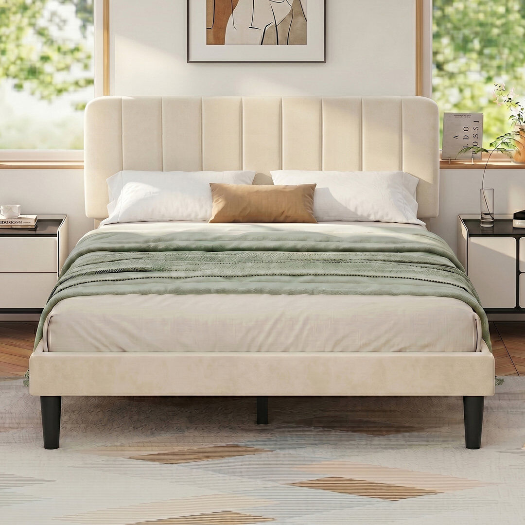 George Oliver Shasta Upholstered Beds, Modern Platform Bed Frame with Adjustable Headboard, Wooden Slats Support, No Box Spring Needed Beige Double (4'6)