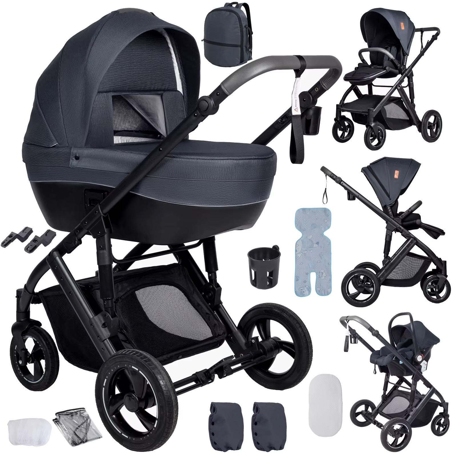 3-in-1 Kinderwagen - Zusammenklappbar - Mit Sitzeinheit - Wende-Design - Stoßdämpfung - 5-Punkt-Gurt - Grau