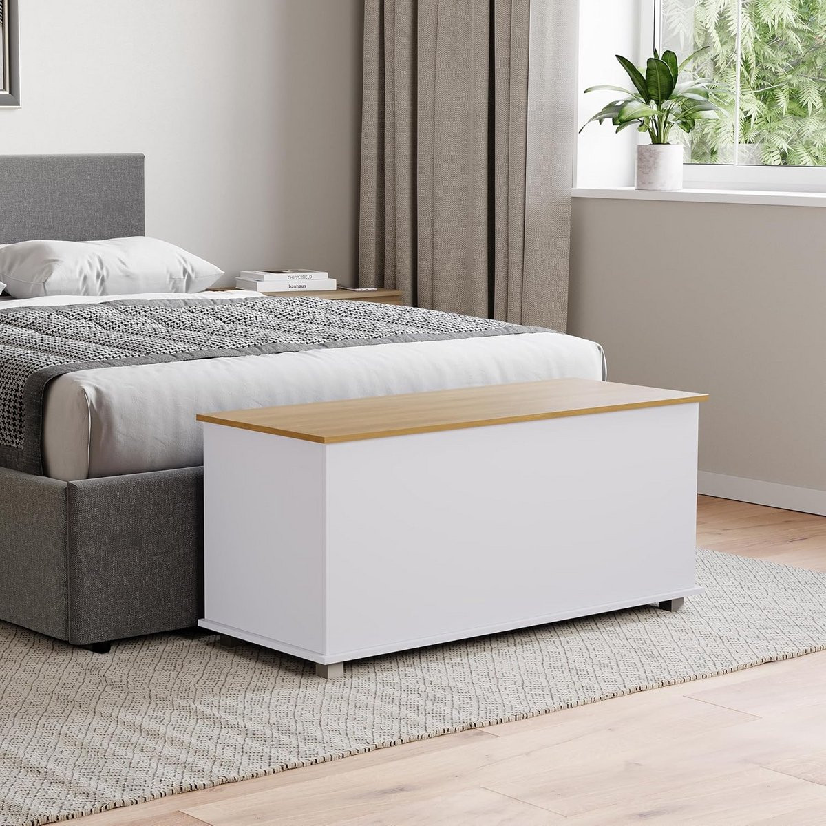 Vida Designs Arlington Opbergpoef Houten Box met Deksel en Zitkussen Wit