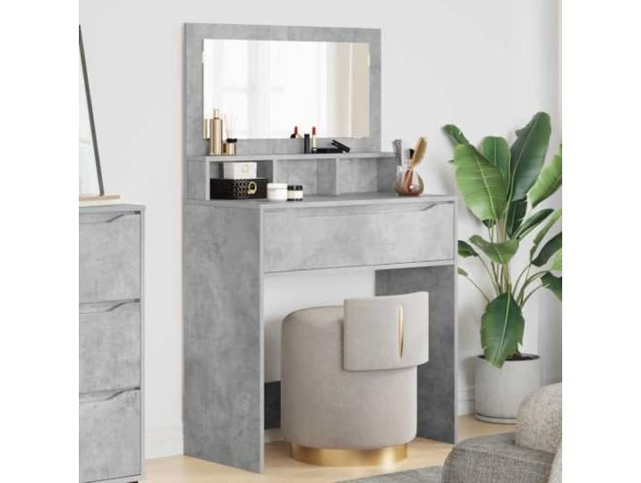 Molumvel Schminktisch mit Spiegel & Schubladen, Beton Grau Aus Holzwerkstoff, Minimalistisches Design, Viel Stauraum