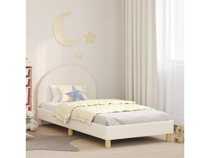 Modernes Schlafzimmerbettrahmen flaches Design Creme 90 x 190 cm Kinderbettgestell mit Kopfteil Creme 90x190 cm Schafstoff Einzelbett mit Stauraum Modernes Design