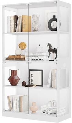 YUN Modern Glass Display Cabinet, 4 Tiers, LED Lights, Motion Detector, Charging Ports – Curio Shelf for Collectibles, Books