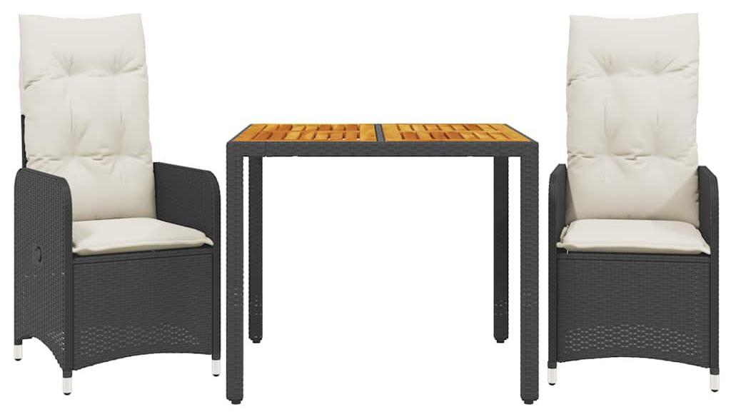 Bistro-Set, 3-teilig - Schwarz, aus Poly-Rattan - Inklusive Kissen - 90x90x75 cm