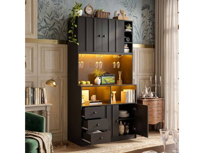 Buffet Haut Cuisine 100x40x180cm Grand Rangement Prise USB LED Meuble Bar Café Moderne Enfilade Vaisselier - Noir