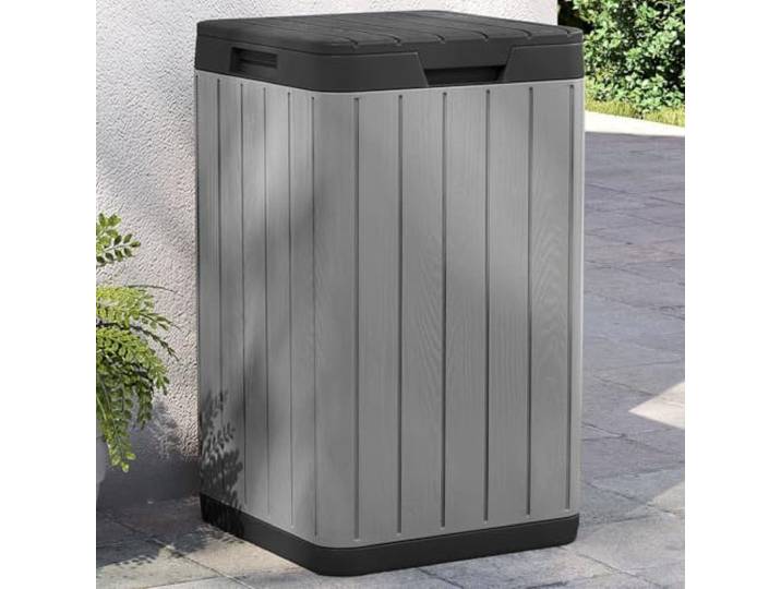 FMPGJLYH Mülltonne 80L mit Deckel, Abfalleimer in Holz-Optik, Grau, PP Witterungsbeständig, UV-resistent, Für Garten & Außenbereich