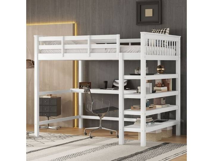 Lit mezzanine - SOGEU - Lit Mezzanine 140x200cm - Bureau intégré - Étagères 4 niveaux - Blanc