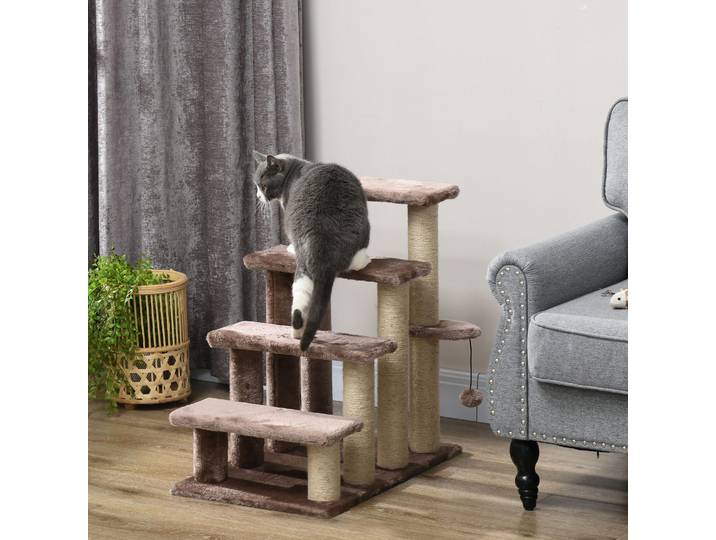 PawHut Escalier pour animaux de compagnie, griffoir, 4 marches, pour animaux jusqu'à 5 kg, 60x40x64 cm, Marron