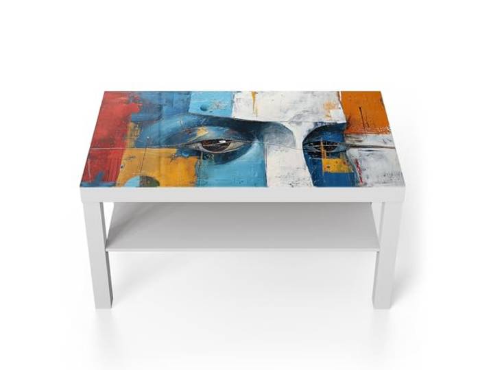 DEQORI Glastisch weiß groß 90x50 cm Motiv Gesichter der Kunst ausgefallener Beistelltisch aus Glas Hochglanz Couchtisch fürs Wohnzimmer moderner Couch Tisch mit Design