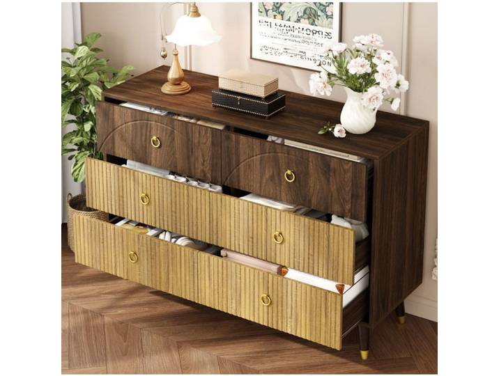 Commode-Buffet vintage 120x40x81cm avec 6 tiroirs structure stable finition bois bicolore naturelle montage rapide