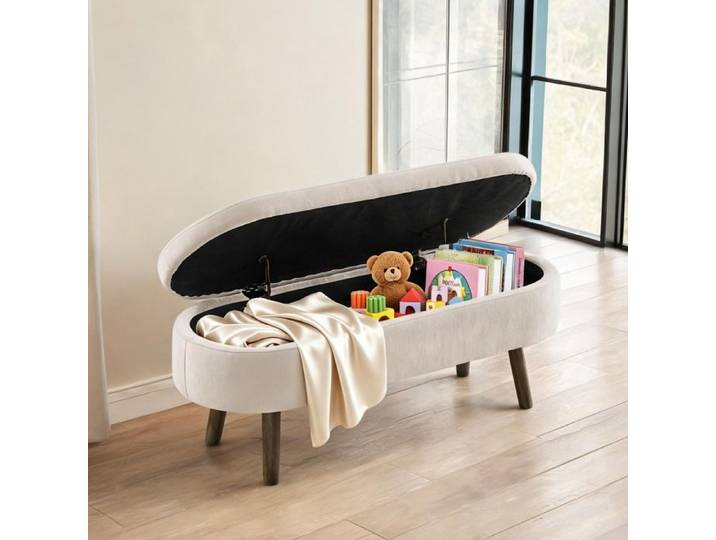 Banc de rangement beige-toné en tissu chenille doux cadre en bois massif espacement 20L 110x40x42cm pour chambre ou entrée
