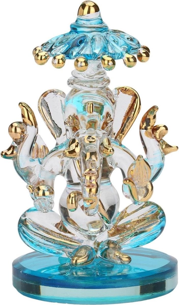 Handgemaakt Kristalglas Ganesh Standbeeld - Ganesha Idool - Multicolor - 10 x 8 cm