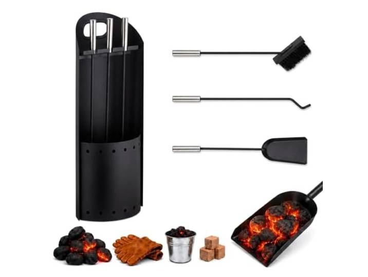 relaxdays 10028787 Ensemble serviteur de cheminée 4 pièces Acier Accessoire Pelle Balai Support tisonnier\, Noir