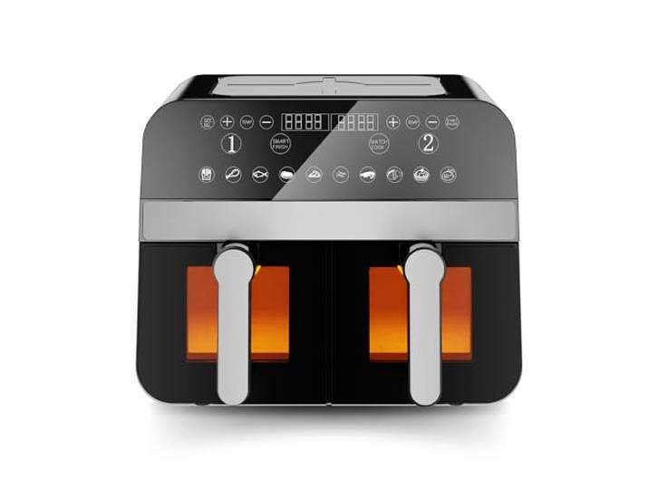 Comfy Nest, CNAFD45WB, 2400 W digitale Heißluftfritteuse mit Doppelkorb und 9-Liter-Fenster, gesundes und schnelles Kochen, modernes Design, ideal für jede Küche – Grau und Schwarz