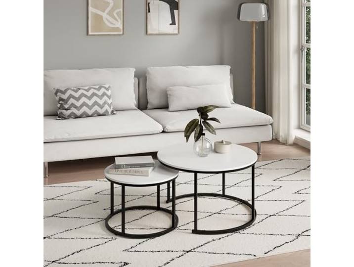 Home Collective Couchtisch 2er Set rund aus Holz, Wohnzimmertisch Modern, Beistelltisch Set 2 in 1 mit Metallgestell für Wohnzimmer Büro Beistelltisch Loft Design Twin Weiß