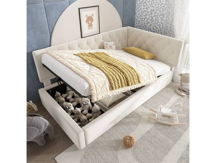 DRIPEX Lit de jour rembourré 90x200cm avec espace de rangement hydraulique canapé-lit simple pour adolescent et enfant Beige